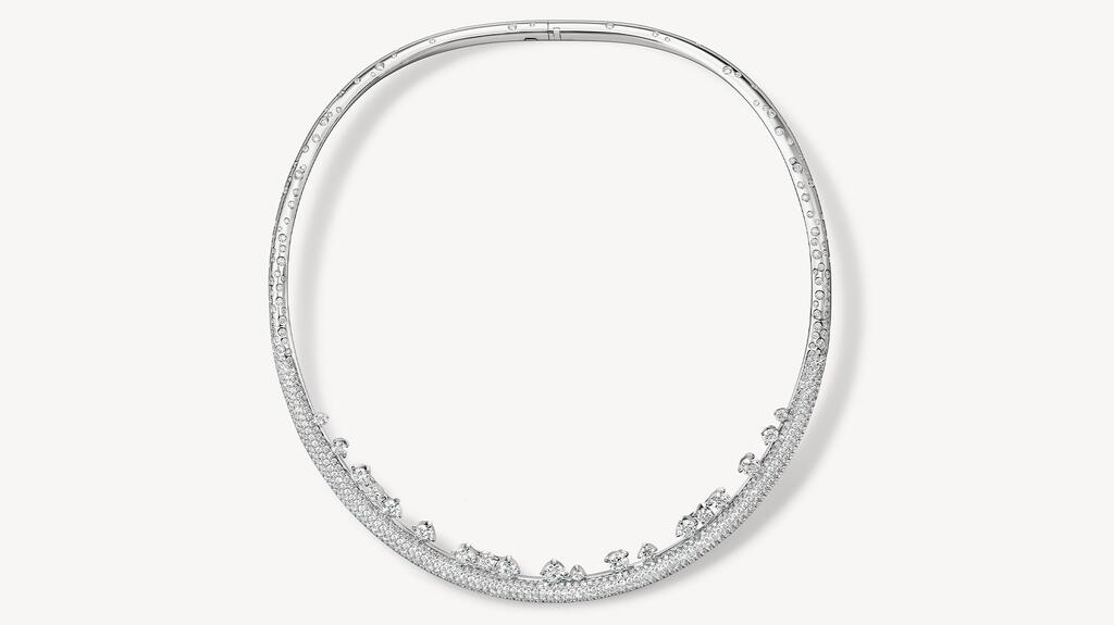 A choker with pavé and floating diamonds in 18-karat white gold from the “Barre” collection only available at Bergdorf Goodman ($76,700) Hearts On Fire Barre Necklace